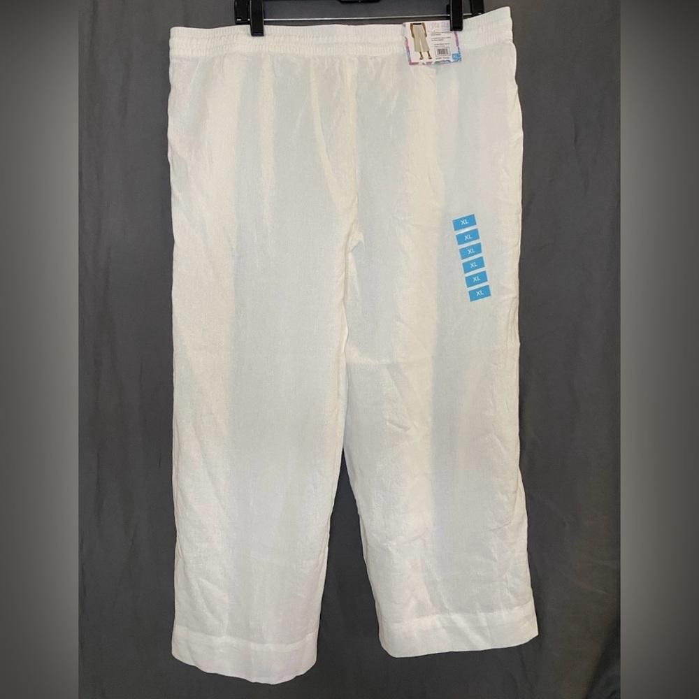 STELLA PARKER Womens white Linen Blend Cropped Capri Pants Easy Pull on Stretch
